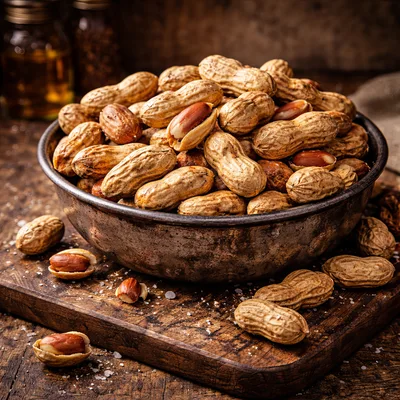 Bowl of Roasted Peanuts on Rustic Wooden Table