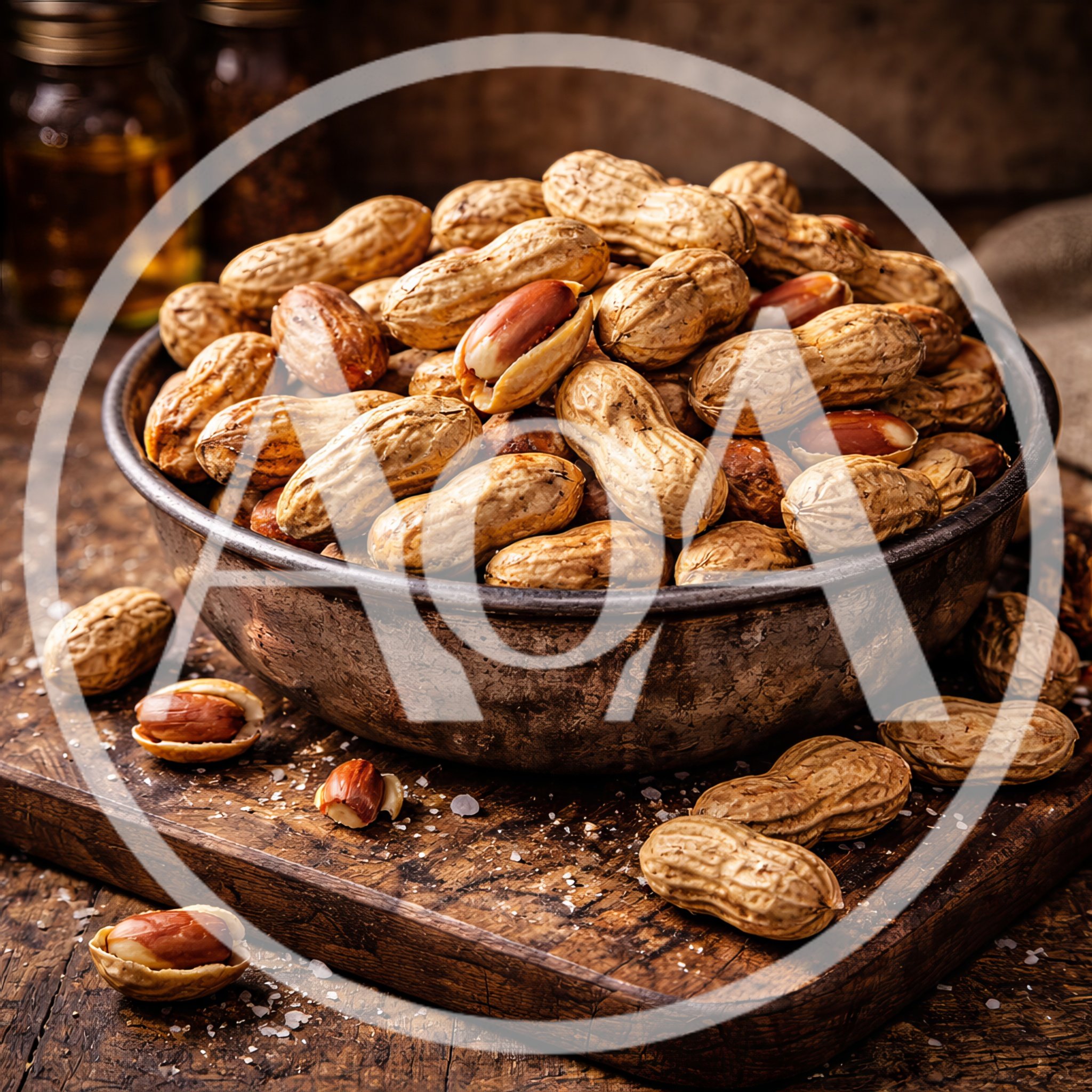 Bowl of Roasted Peanuts on Rustic Wooden Table