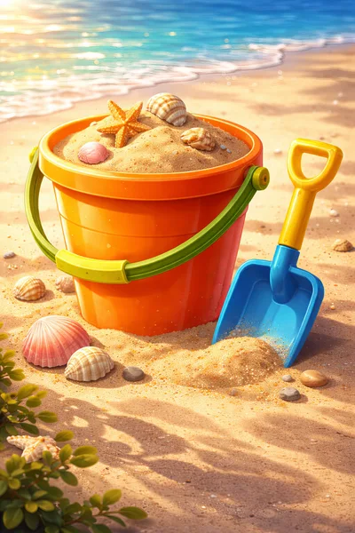 Orange Beach Bucket and Blue Shovel on Sandy Shore