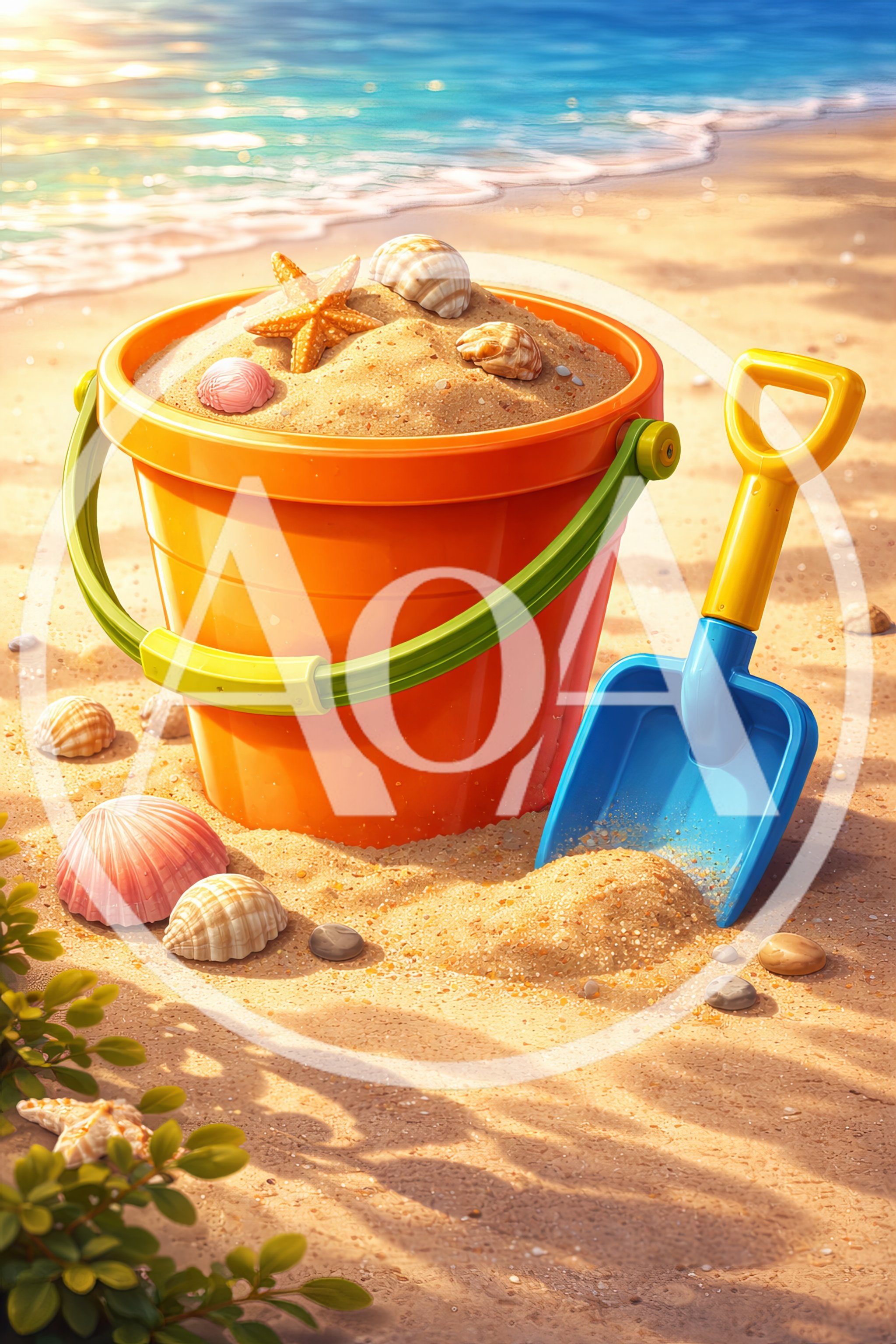Orange Beach Bucket and Blue Shovel on Sandy Shore