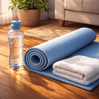 Yoga Mat Water Bottle And Towel On Wooden Floor