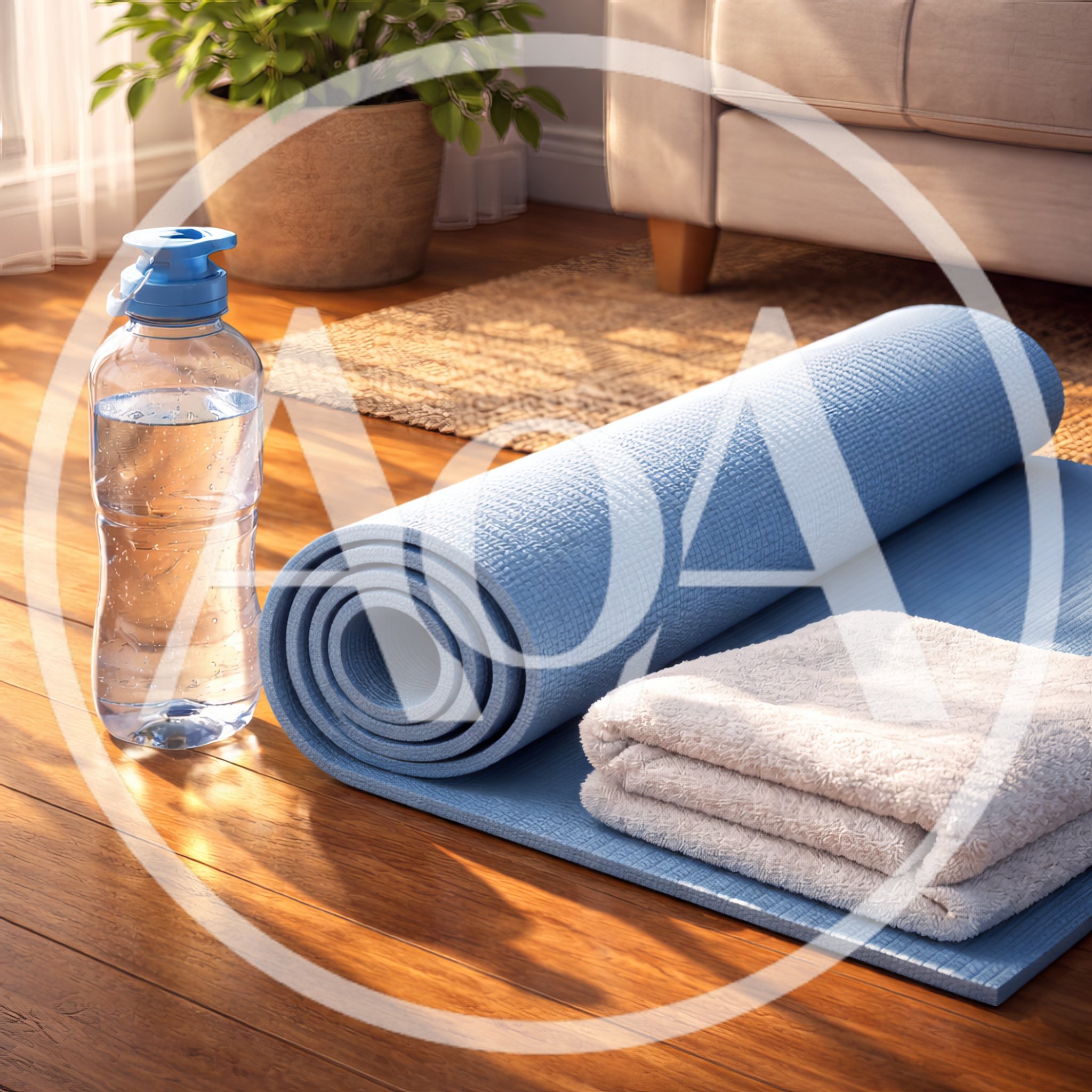Yoga Mat Water Bottle And Towel On Wooden Floor