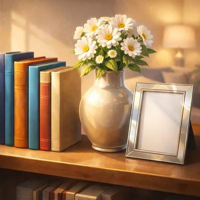 Books and Flowers in a Vase on a Shelf