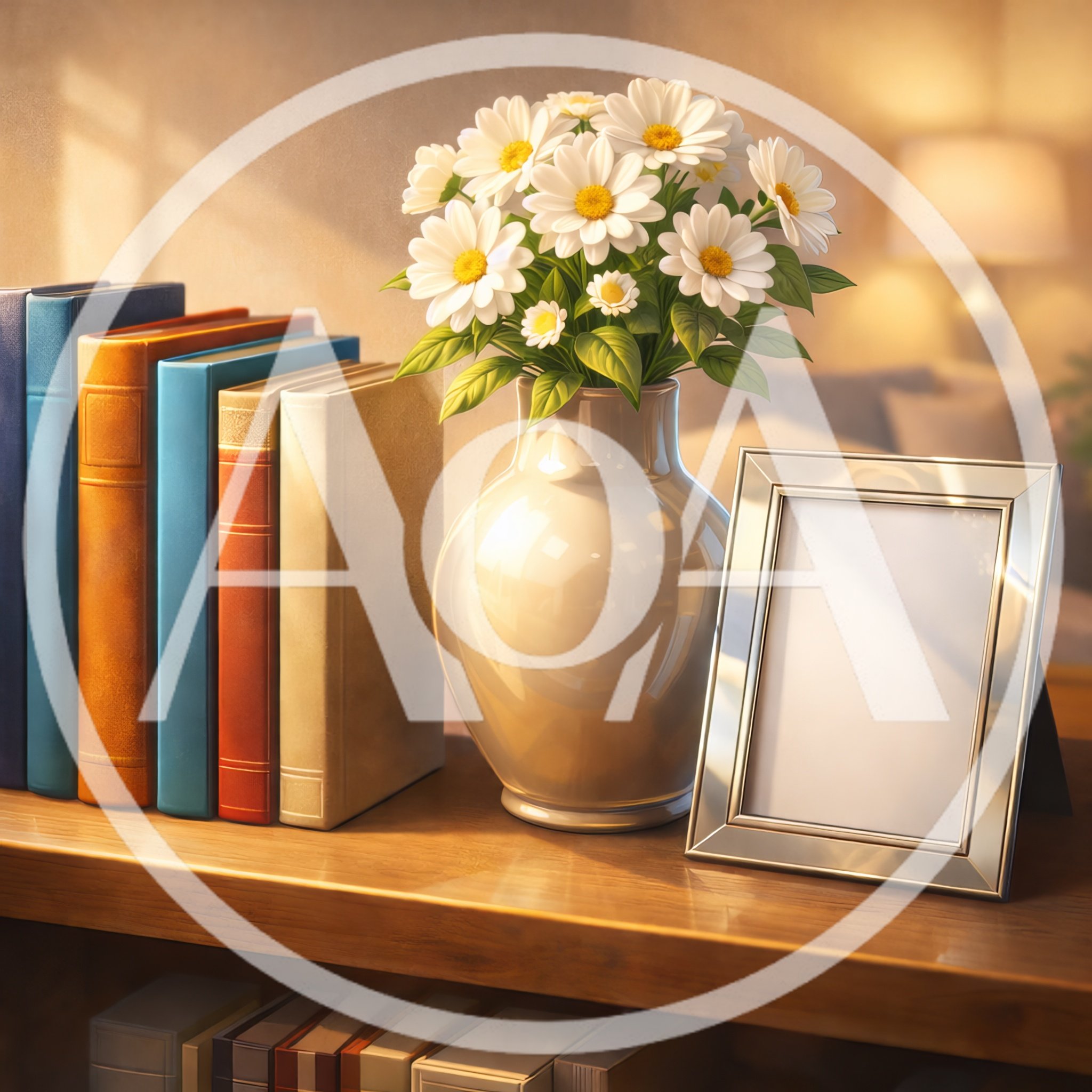 Books and Flowers in a Vase on a Shelf