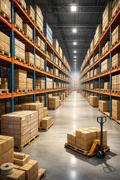 Warehouse Interior With Pallet Jack And Stacked Boxes