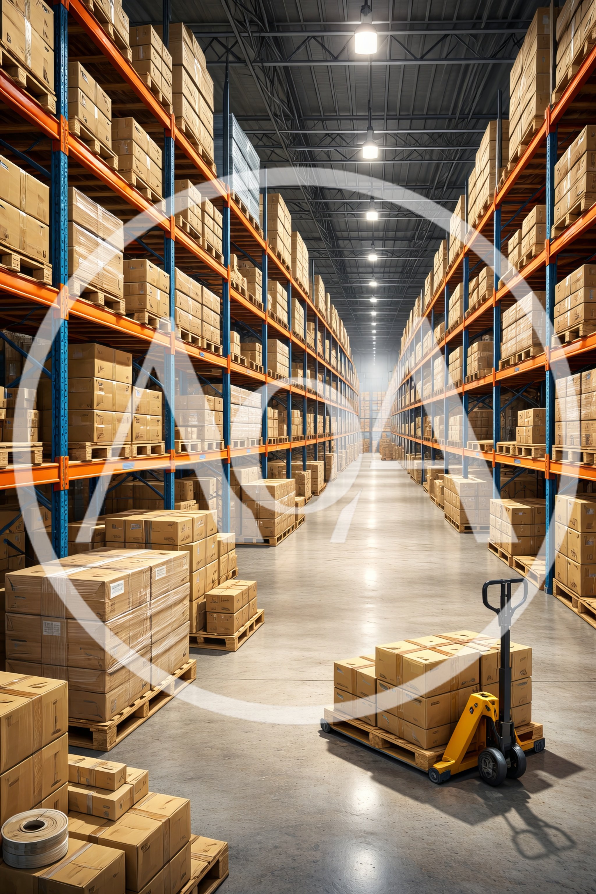 Warehouse Interior With Pallet Jack And Stacked Boxes