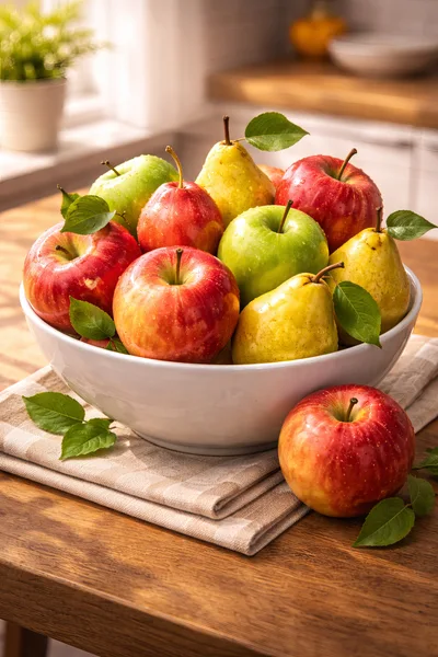 Fresh Fruit Bowl With Apples And Pears On Table