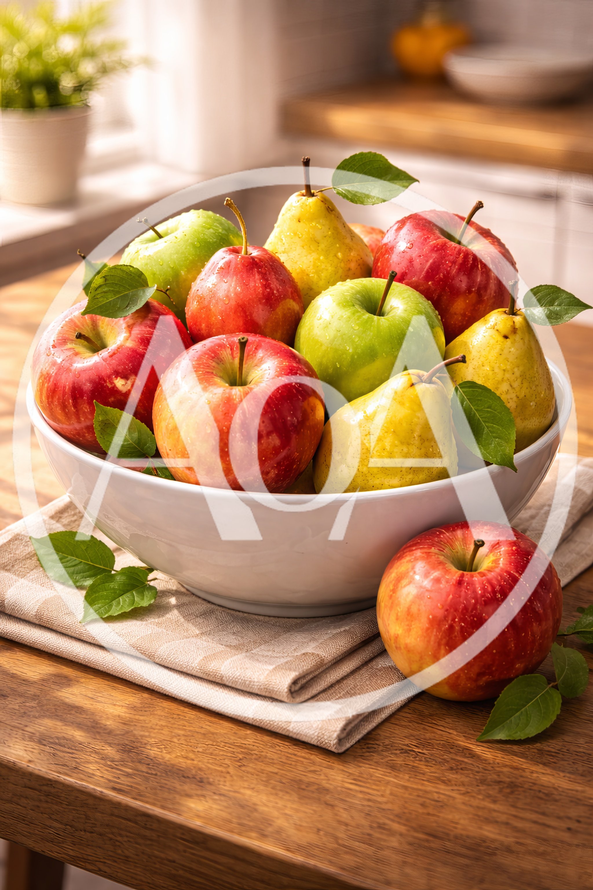 Fresh Fruit Bowl With Apples And Pears On Table
