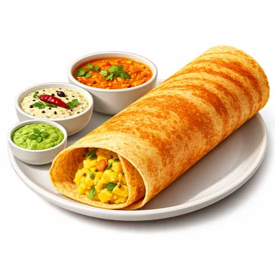 Masala Dosa With Chutney And Sambar On Plate