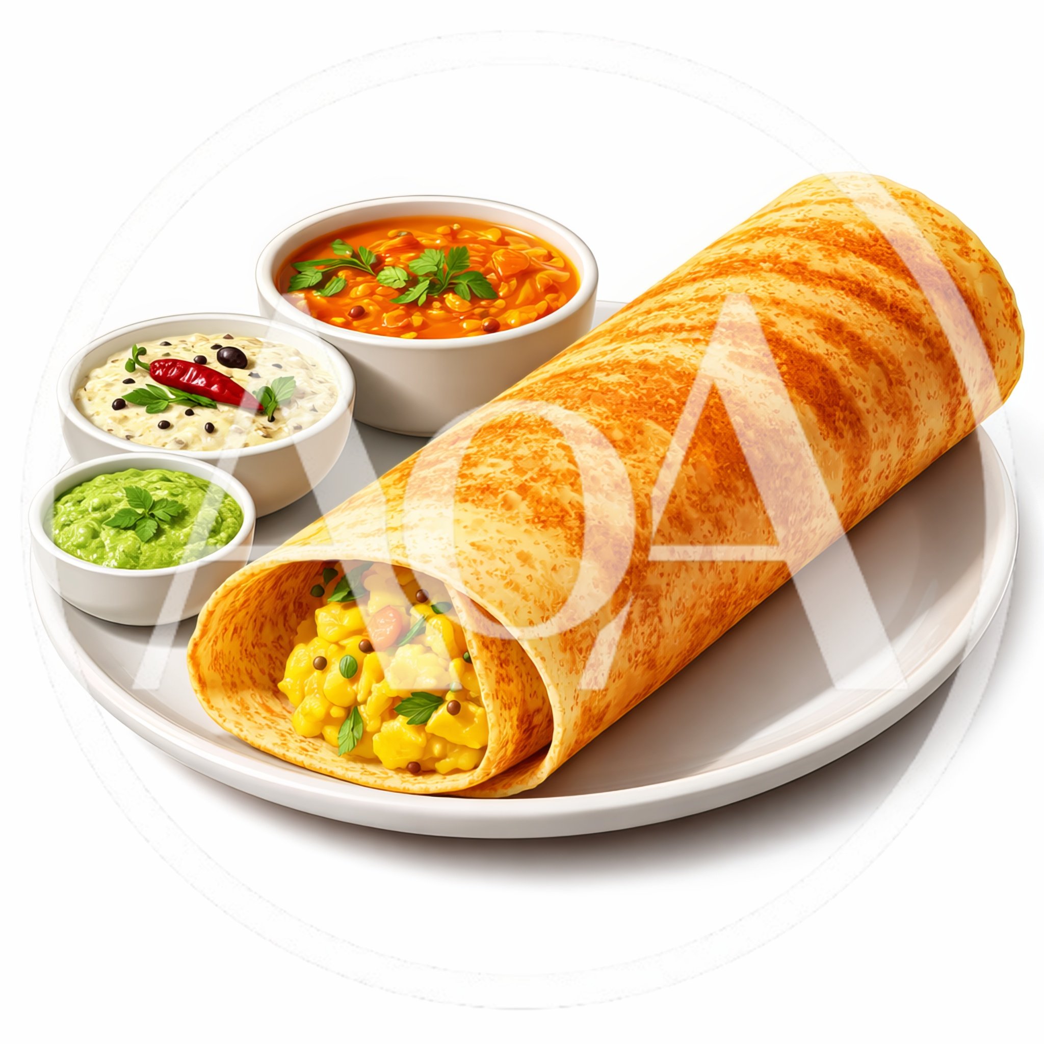 Masala Dosa With Chutney And Sambar On Plate