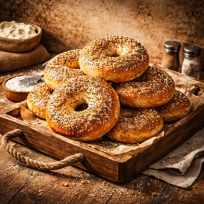 Freshly Baked Everything Bagels On A Wooden Tray