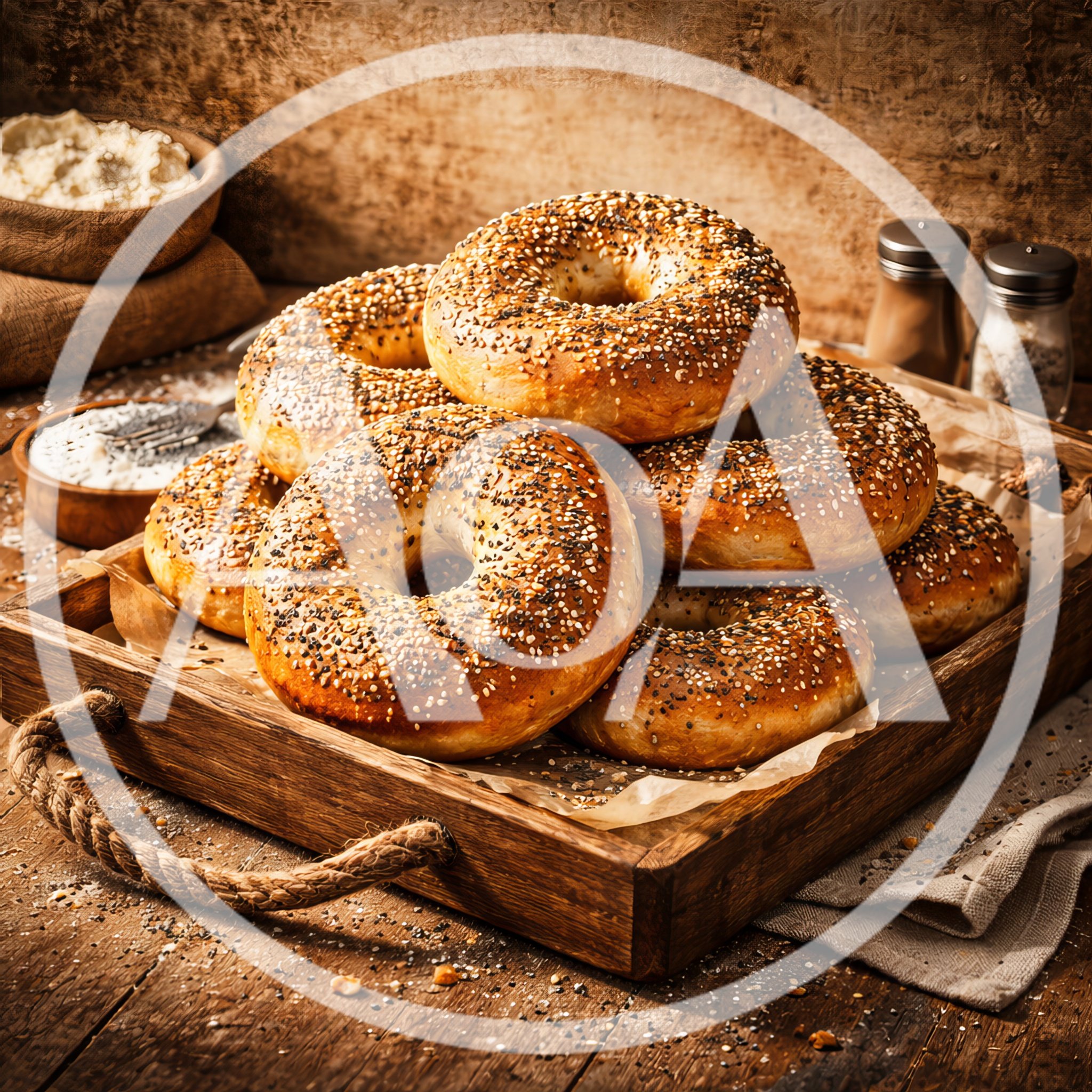 Freshly Baked Everything Bagels On A Wooden Tray