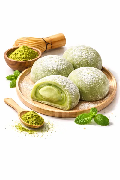 Matcha Mochi Desserts on Wooden Plate