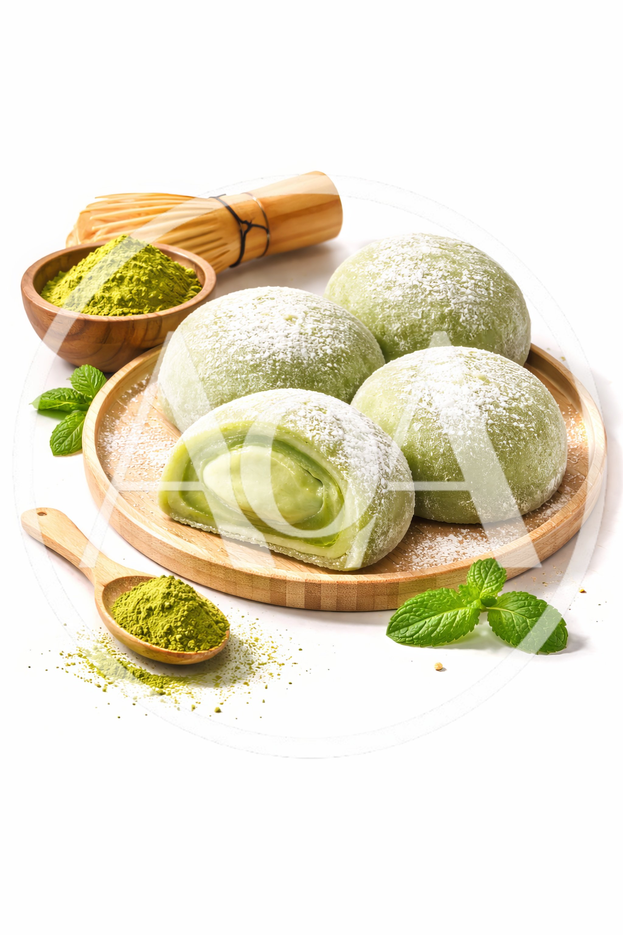 Matcha Mochi Desserts on Wooden Plate