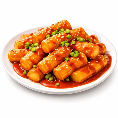 Spicy Korean Tteokbokki Rice Cakes On A White Plate