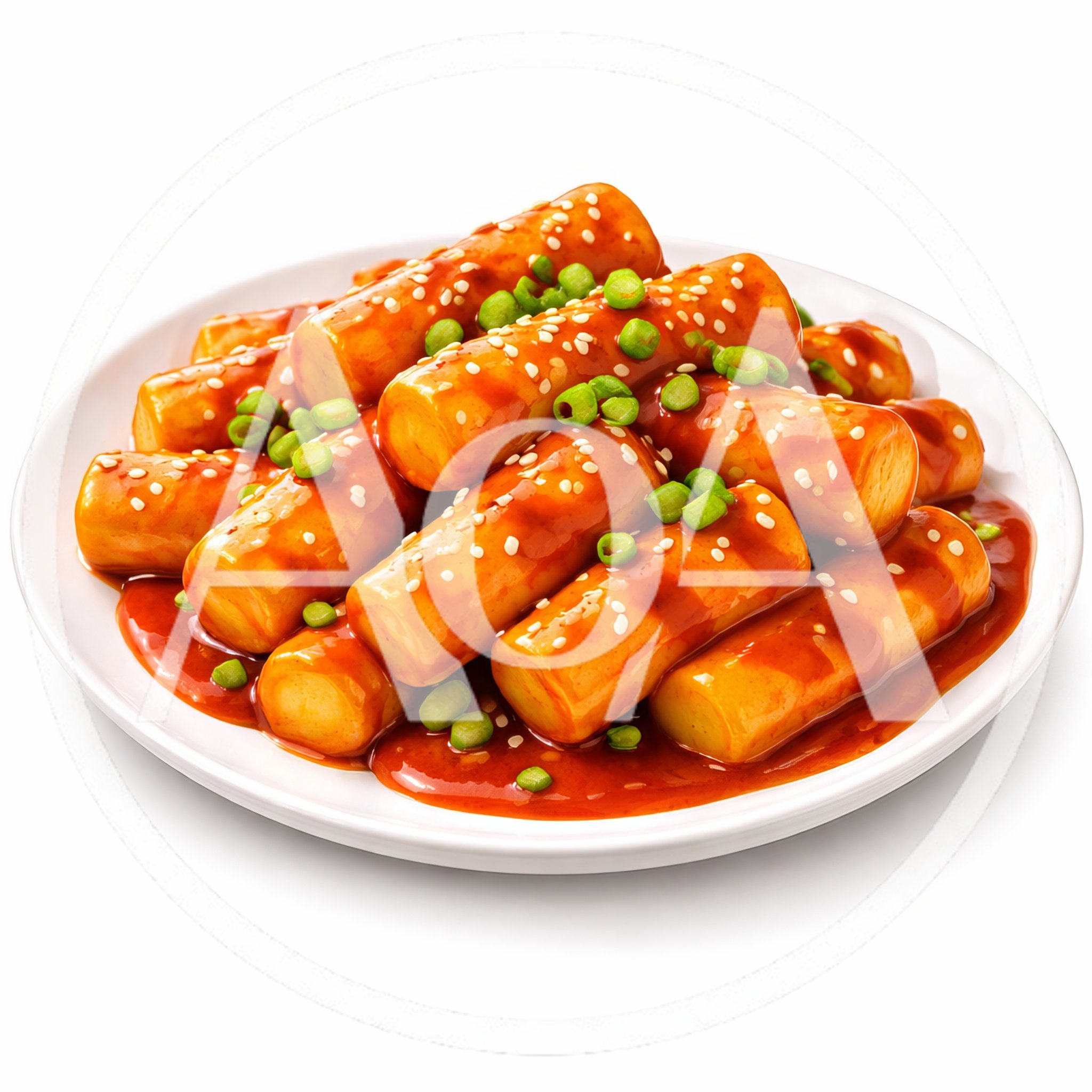 Spicy Korean Tteokbokki Rice Cakes On A White Plate