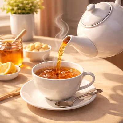 Pouring Hot Tea Into A White Ceramic Cup