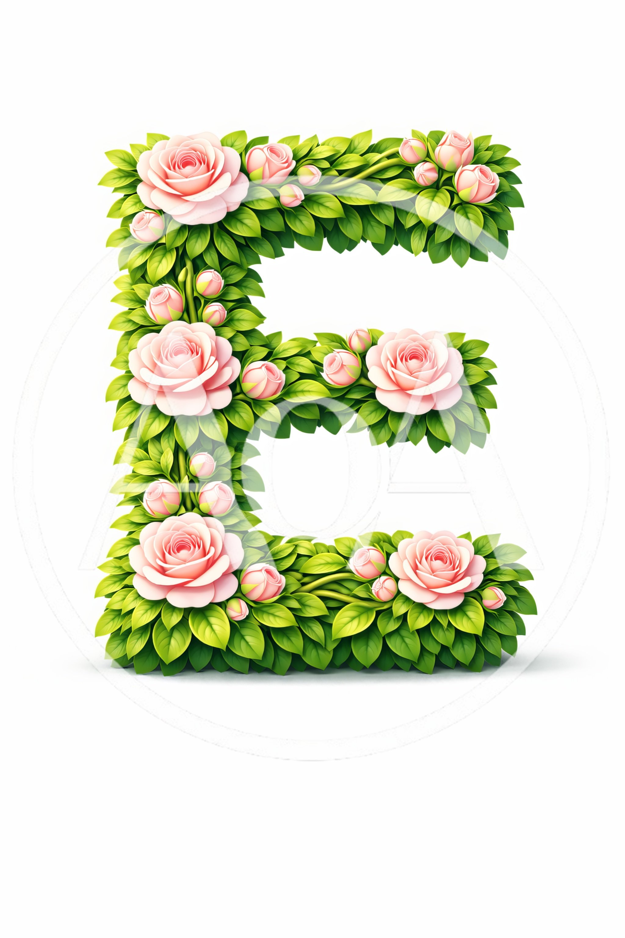 Floral Letter E Made Of Roses And Green Leaves