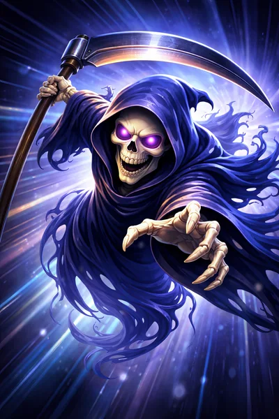 Grim Reaper With Glowing Eyes And Scythe