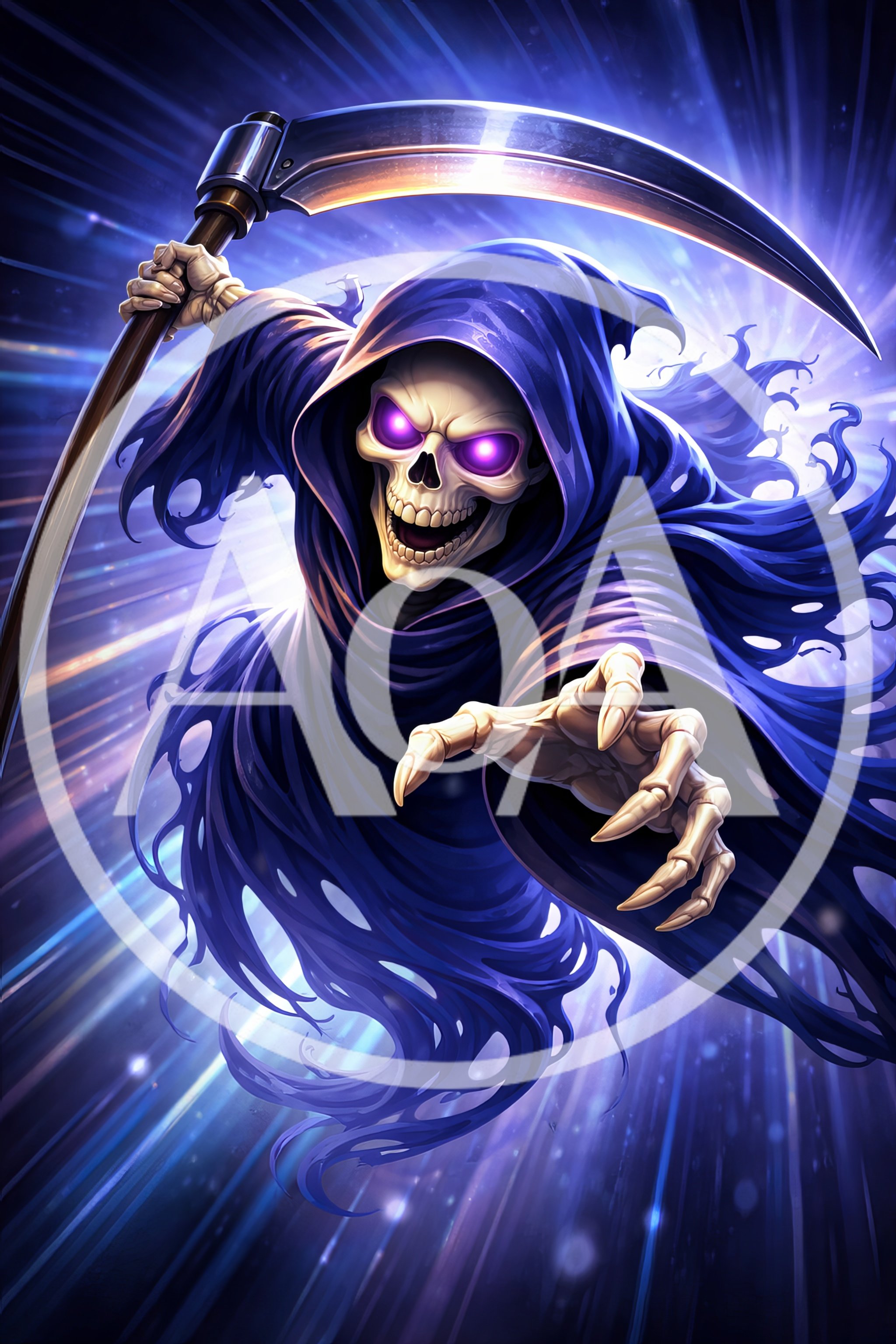 Grim Reaper With Glowing Eyes And Scythe