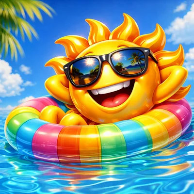 Happy Cartoon Sun Character Floating In Pool