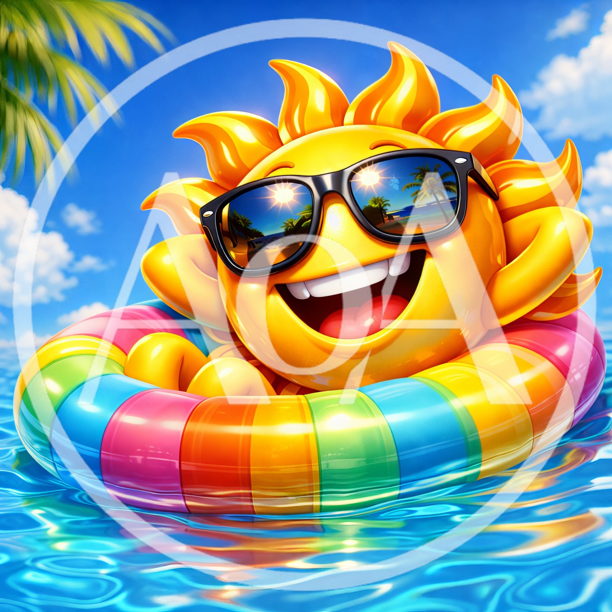 Happy Cartoon Sun Character Floating In Pool