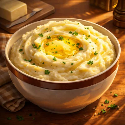 Bowl Of Creamy Mashed Potatoes With Melted Butter