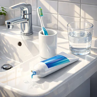 Toothbrush and Toothpaste on a Bathroom Sink