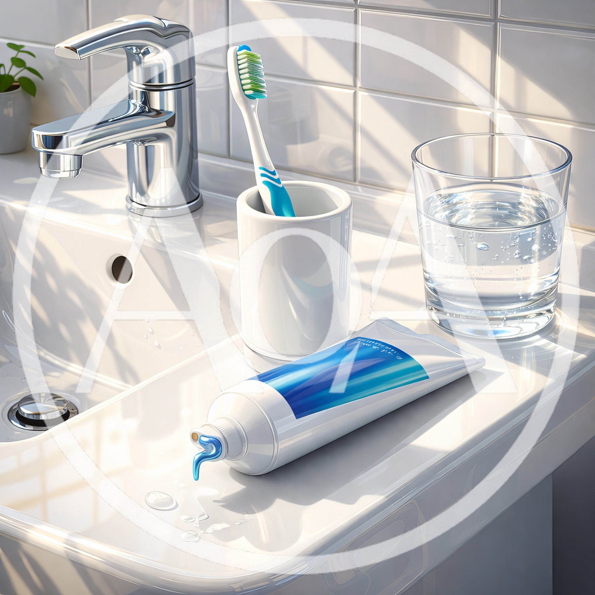 Toothbrush and Toothpaste on a Bathroom Sink
