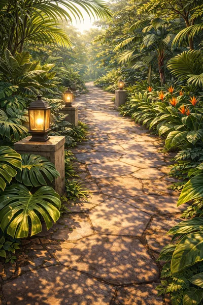 Stone Pathway Through A Lush Tropical Garden