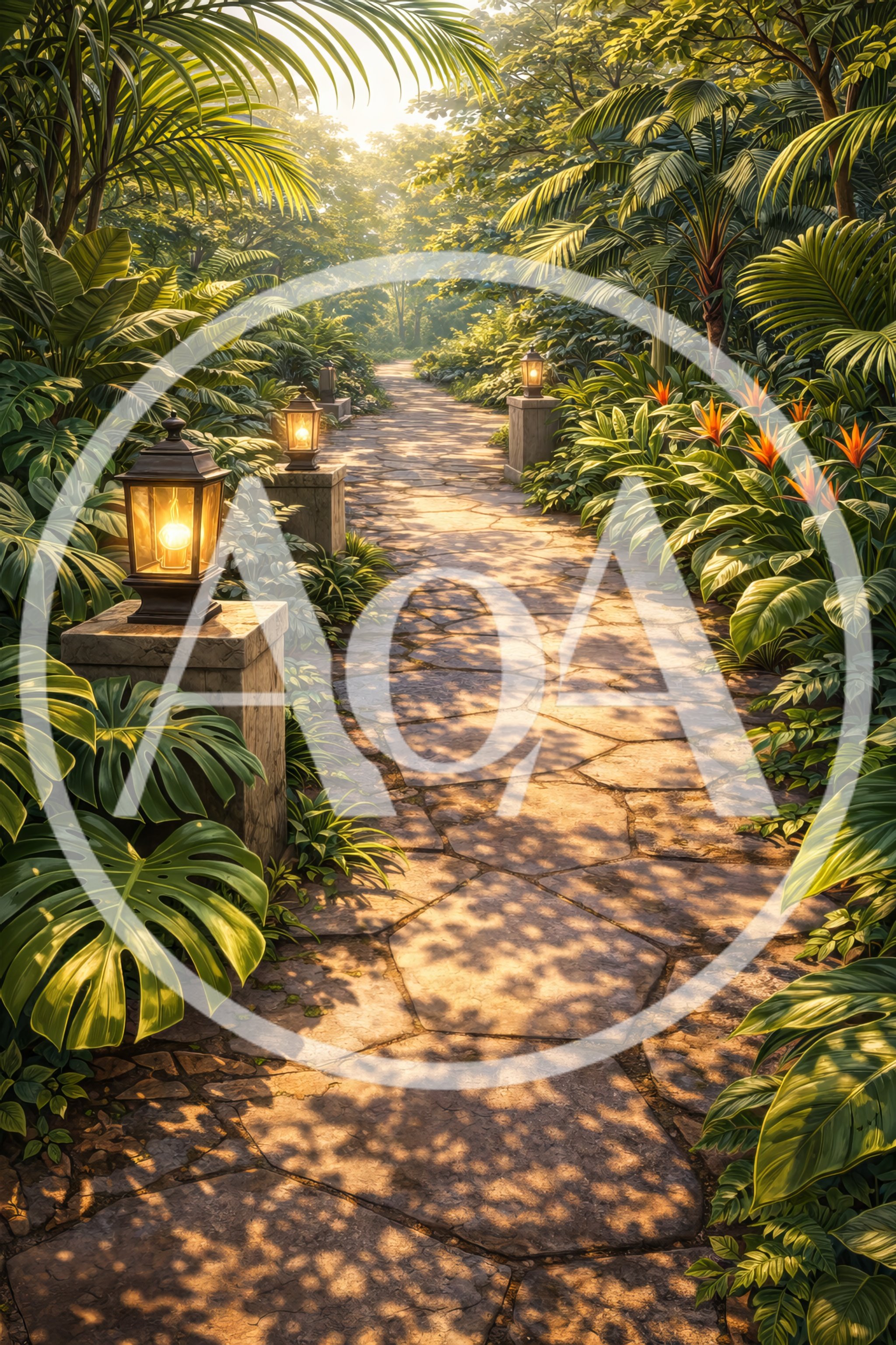 Stone Pathway Through A Lush Tropical Garden