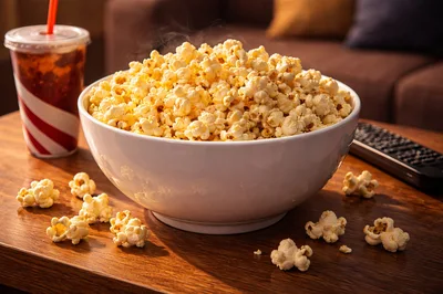 Bowl Of Fresh Popcorn With Soda And Remote