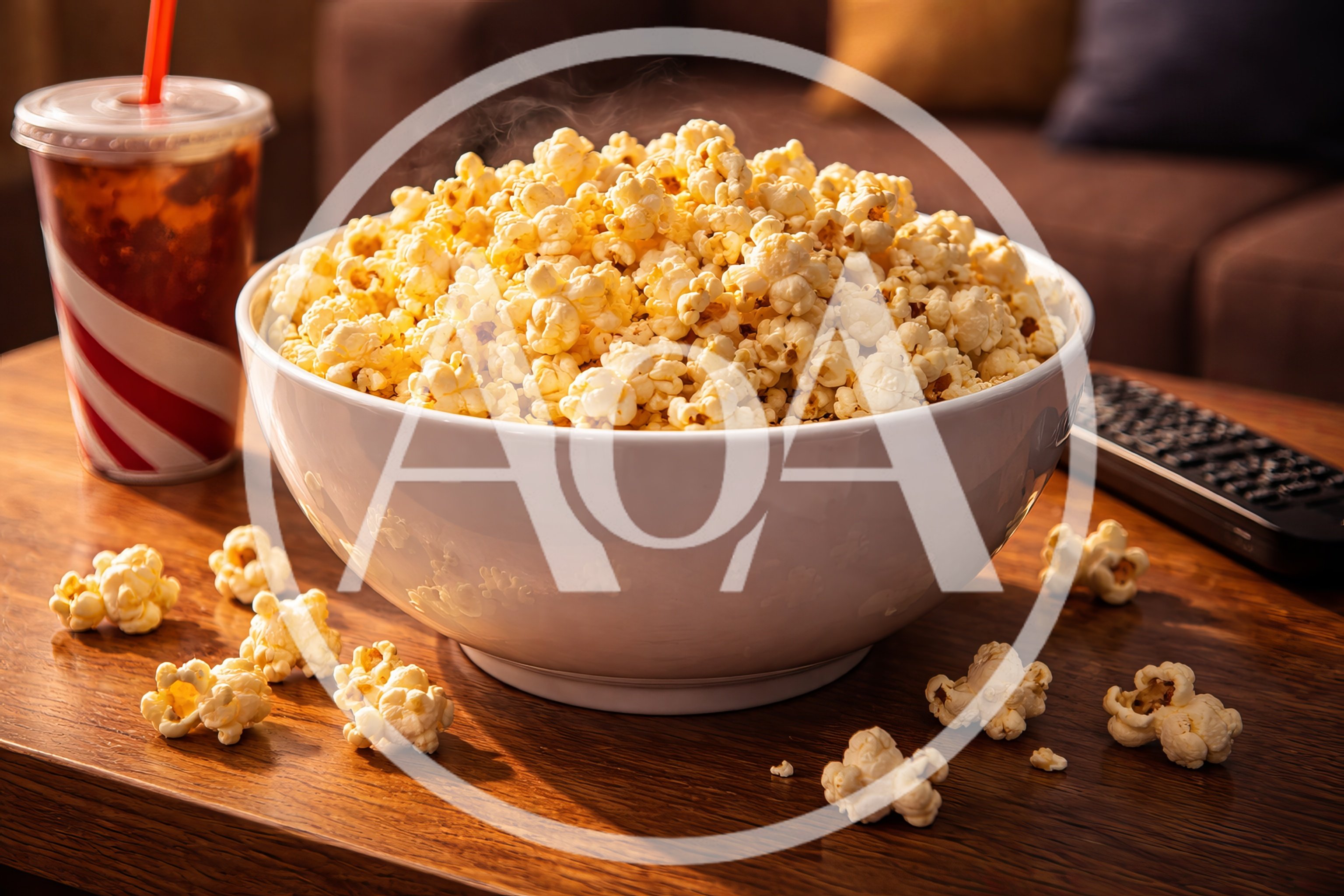 Bowl Of Fresh Popcorn With Soda And Remote