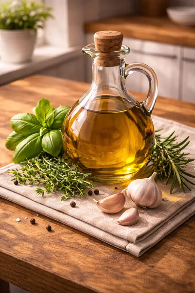Olive Oil Bottle With Fresh Herbs And Garlic