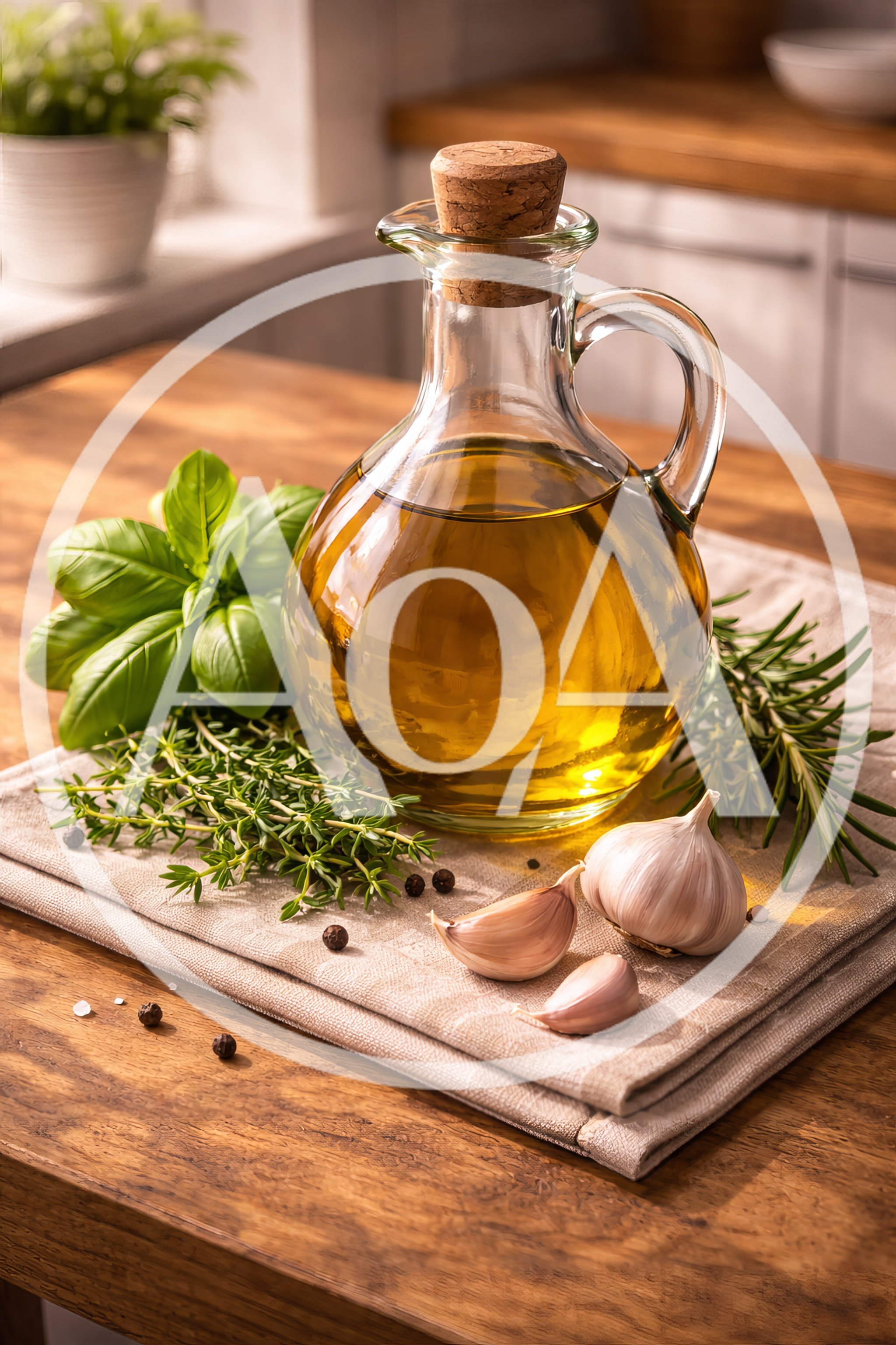 Olive Oil Bottle With Fresh Herbs And Garlic