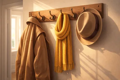 Tan Coat Scarf And Fedora Hanging On Wall Hooks