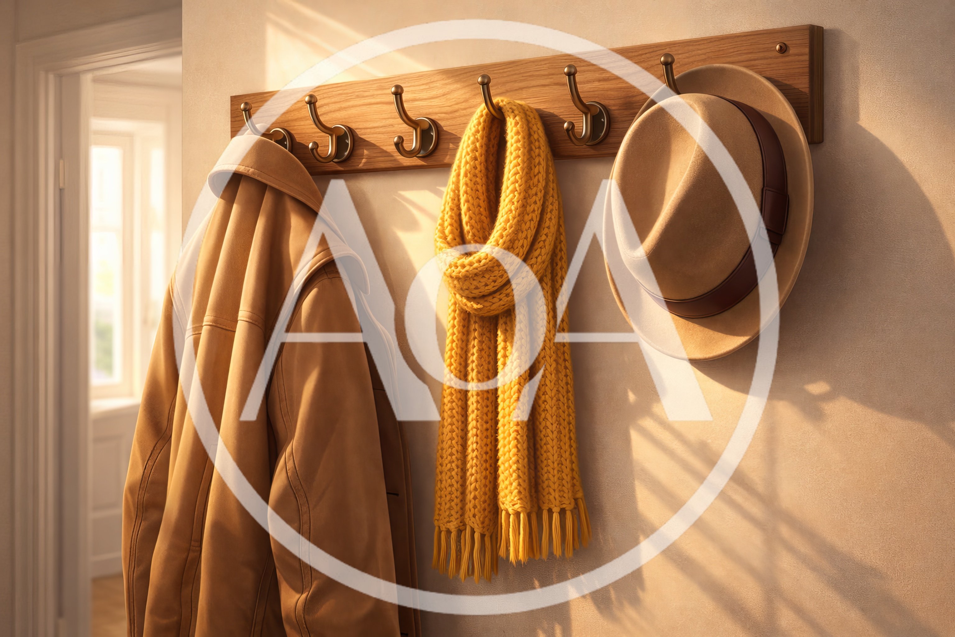 Tan Coat Scarf And Fedora Hanging On Wall Hooks