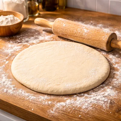 Fresh Pizza Dough On A Floured Wooden Countertop