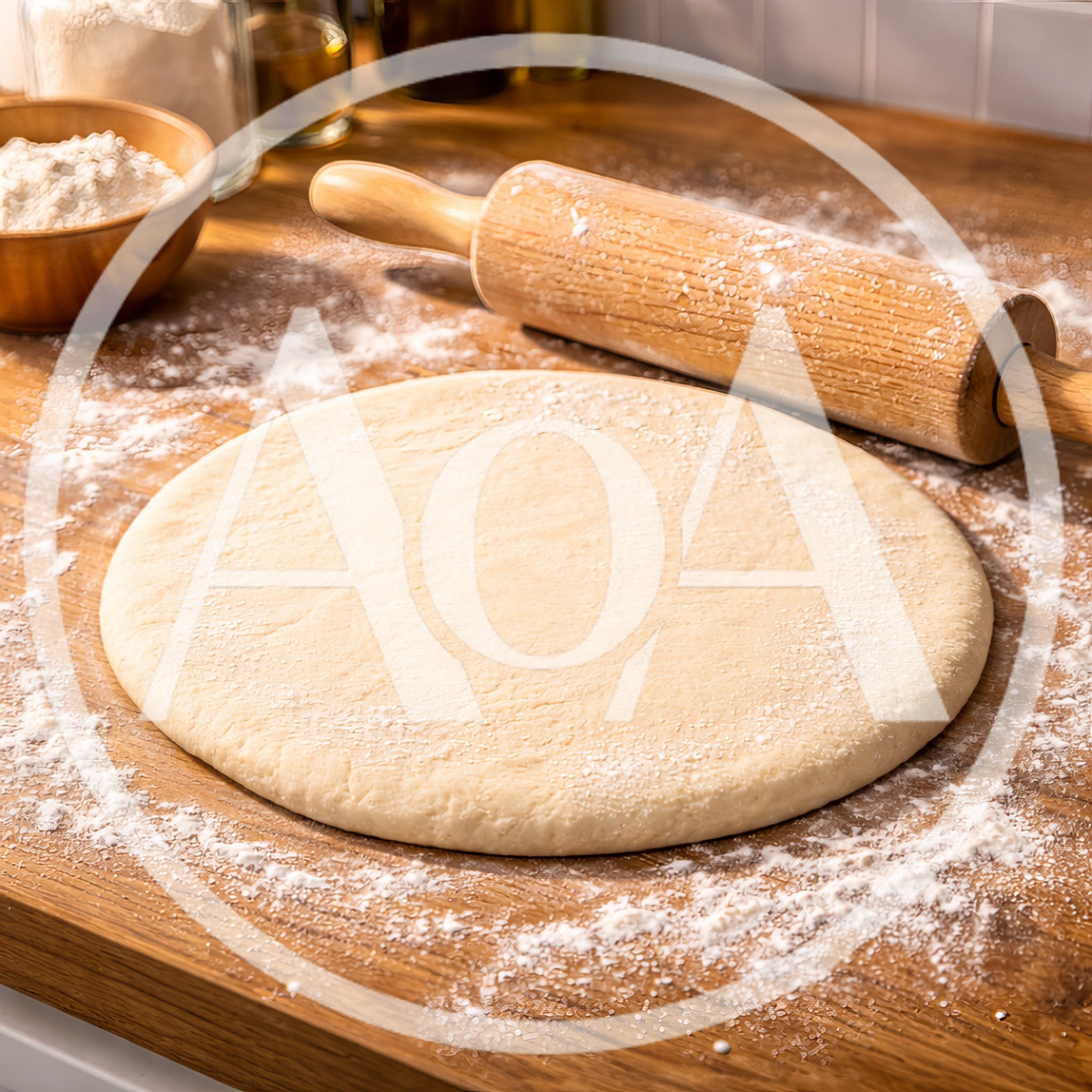 Fresh Pizza Dough On A Floured Wooden Countertop