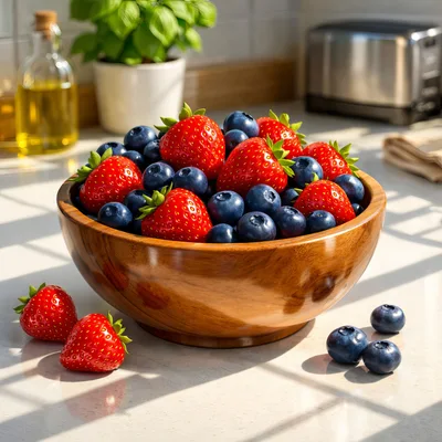 Fresh Strawberries and Blueberries in a Wooden Bowl