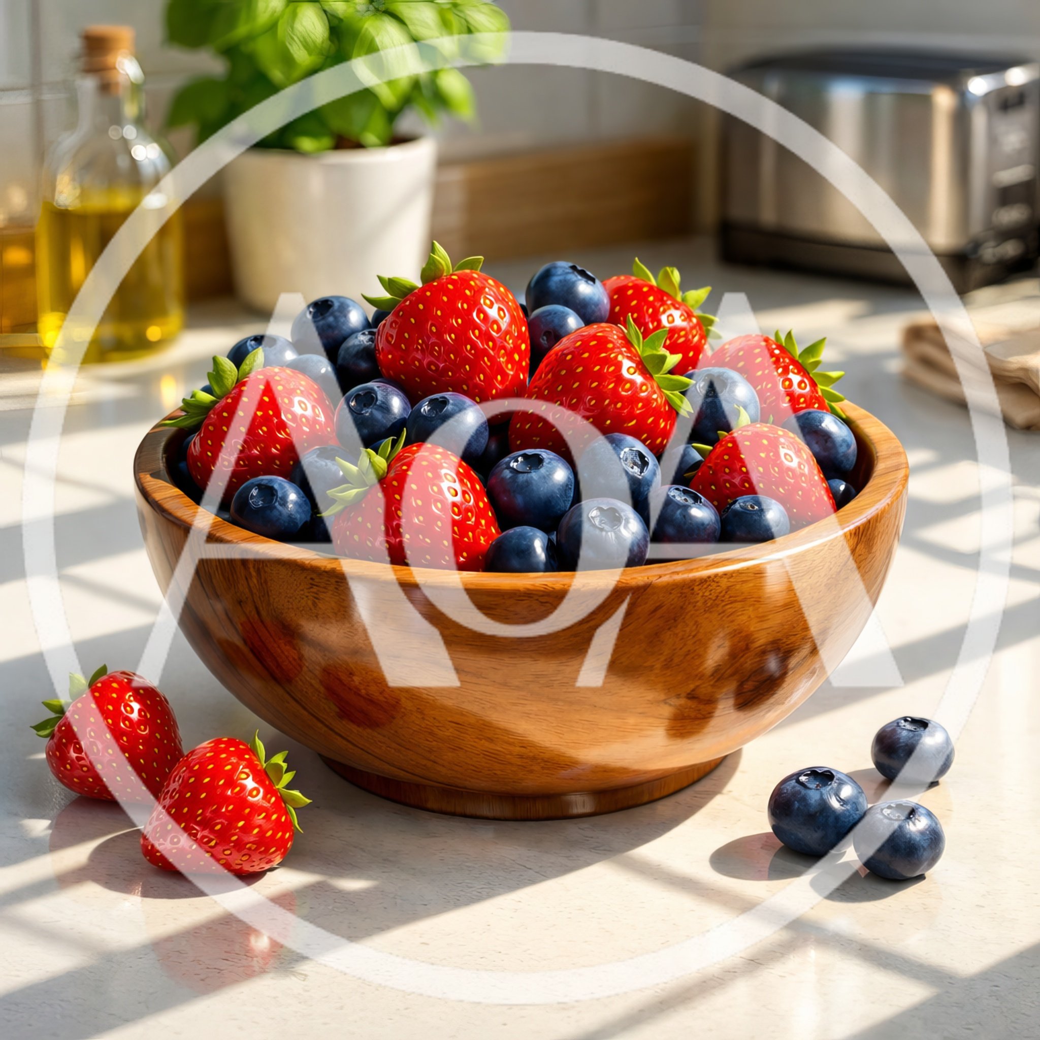 Fresh Strawberries and Blueberries in a Wooden Bowl