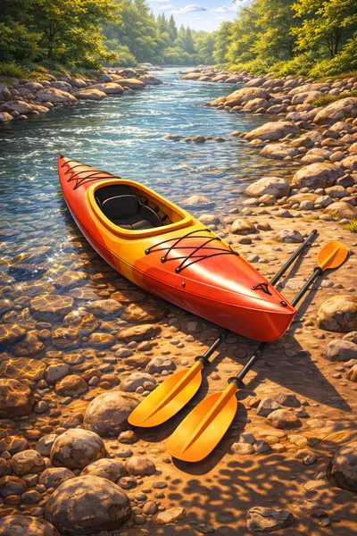 Orange Kayak Resting on Rocky Riverbank