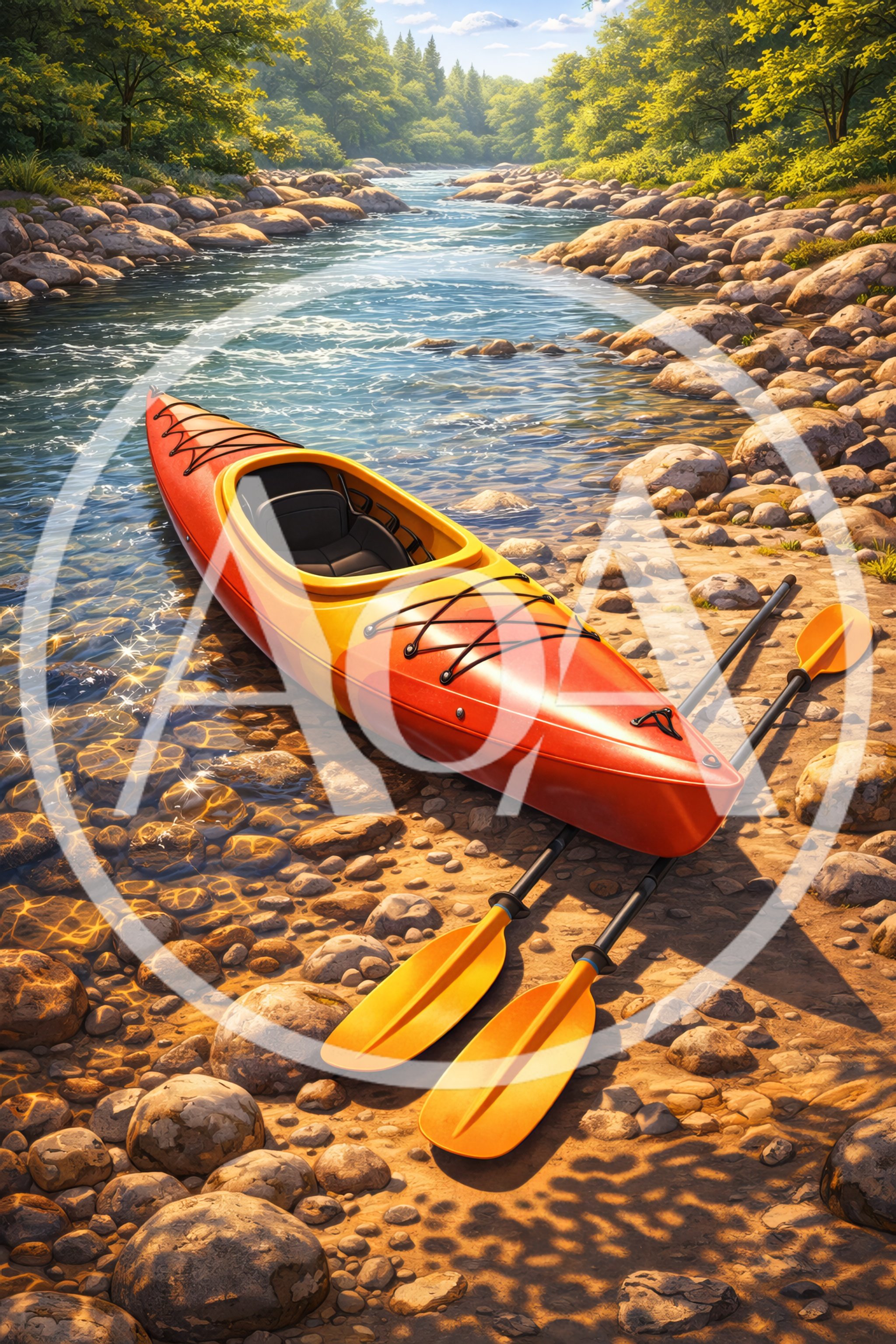 Orange Kayak Resting on Rocky Riverbank