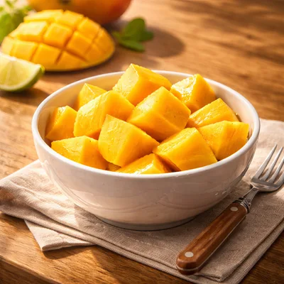 Fresh Mango Cubes in a White Bowl