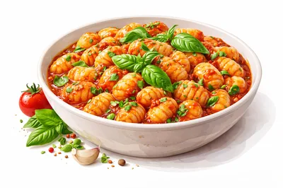 Bowl Of Fresh Gnocchi With Tomato Sauce And Basil