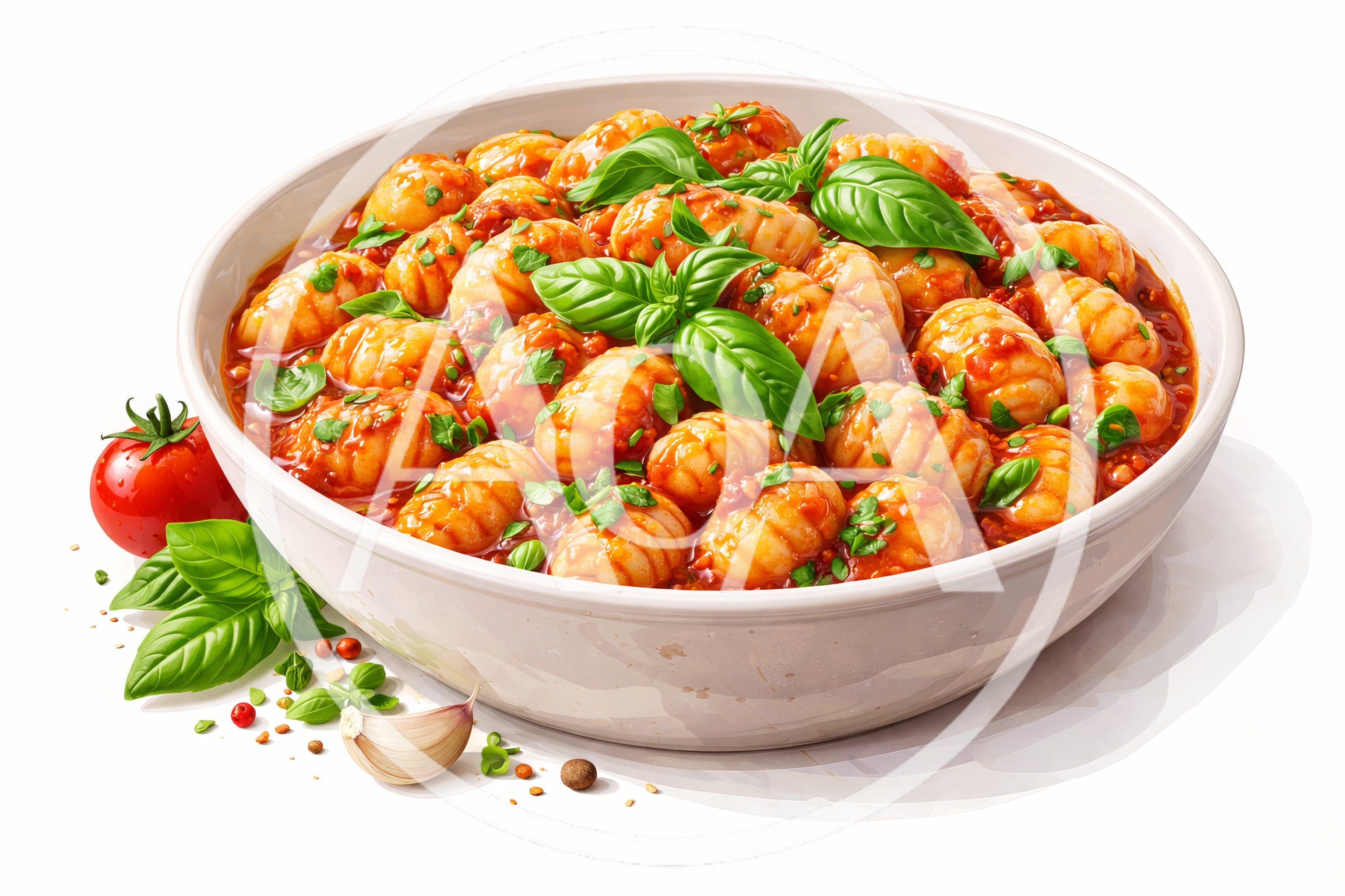 Bowl Of Fresh Gnocchi With Tomato Sauce And Basil