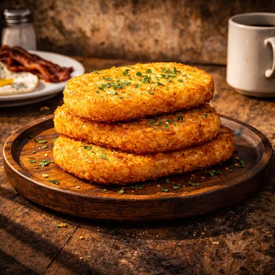 Stack of Crispy Golden Hash Browns on Wooden Plate