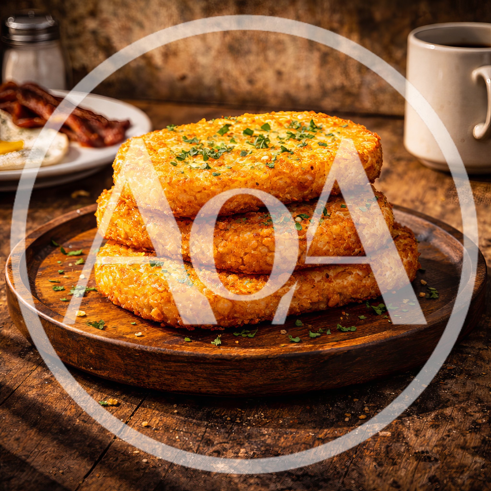 Stack of Crispy Golden Hash Browns on Wooden Plate