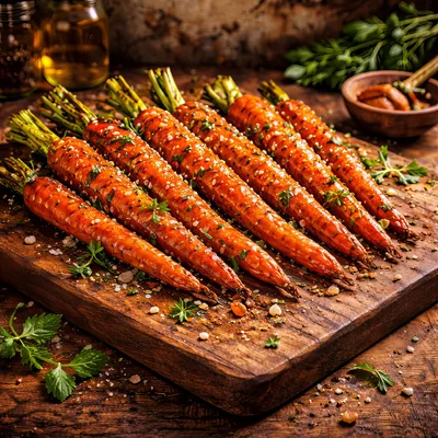Roasted Glazed Carrots On A Wooden Cutting Board