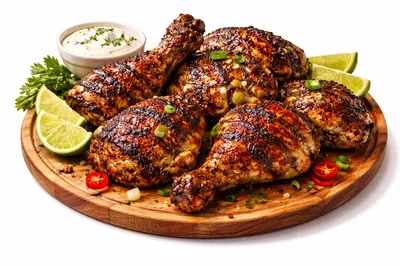 Grilled Chicken Drumsticks And Thighs On Wooden Platter